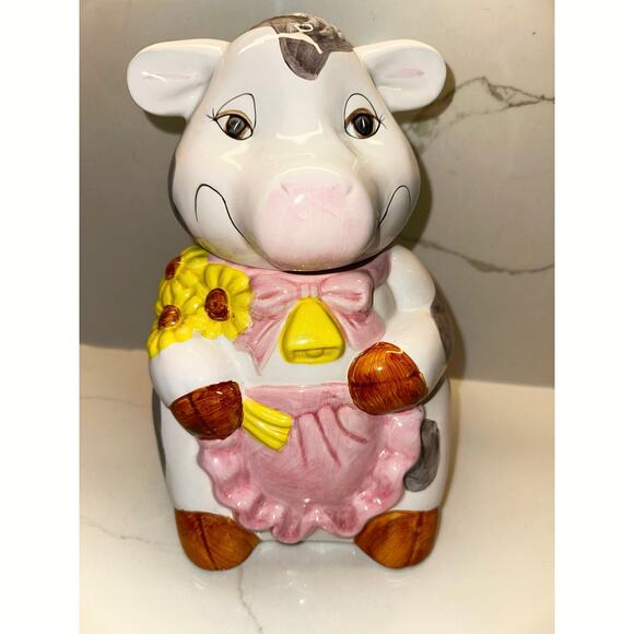 Vintage Ceramic Cow Cookie Jar Pink Apron Yellow Daisies - Picture 1 of 9